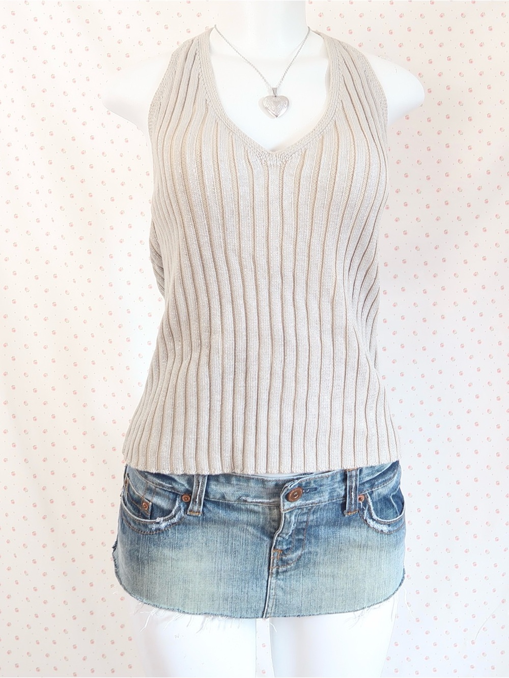 DKNY Cream Ribbed V-Neck Tank Top